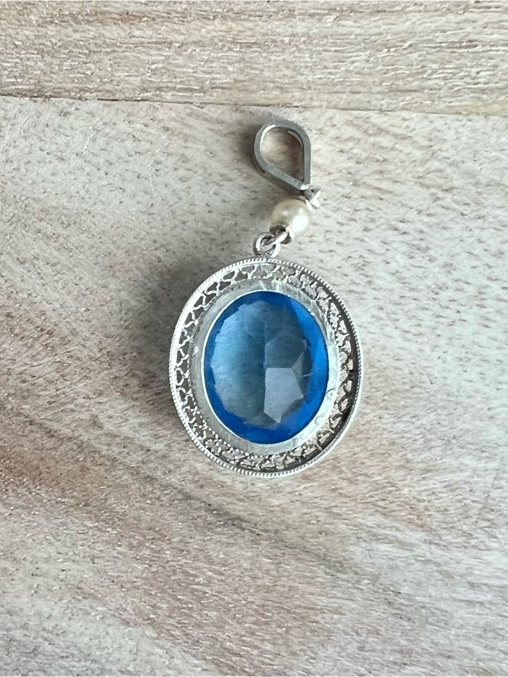 Vintage Sterling Silver Pendant Necklace with Blue Gem and Pearl Accent - Picture 2 of 4